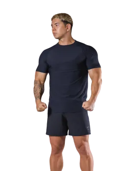 Back Mesh Stretch Slim T-Shirt - Navy