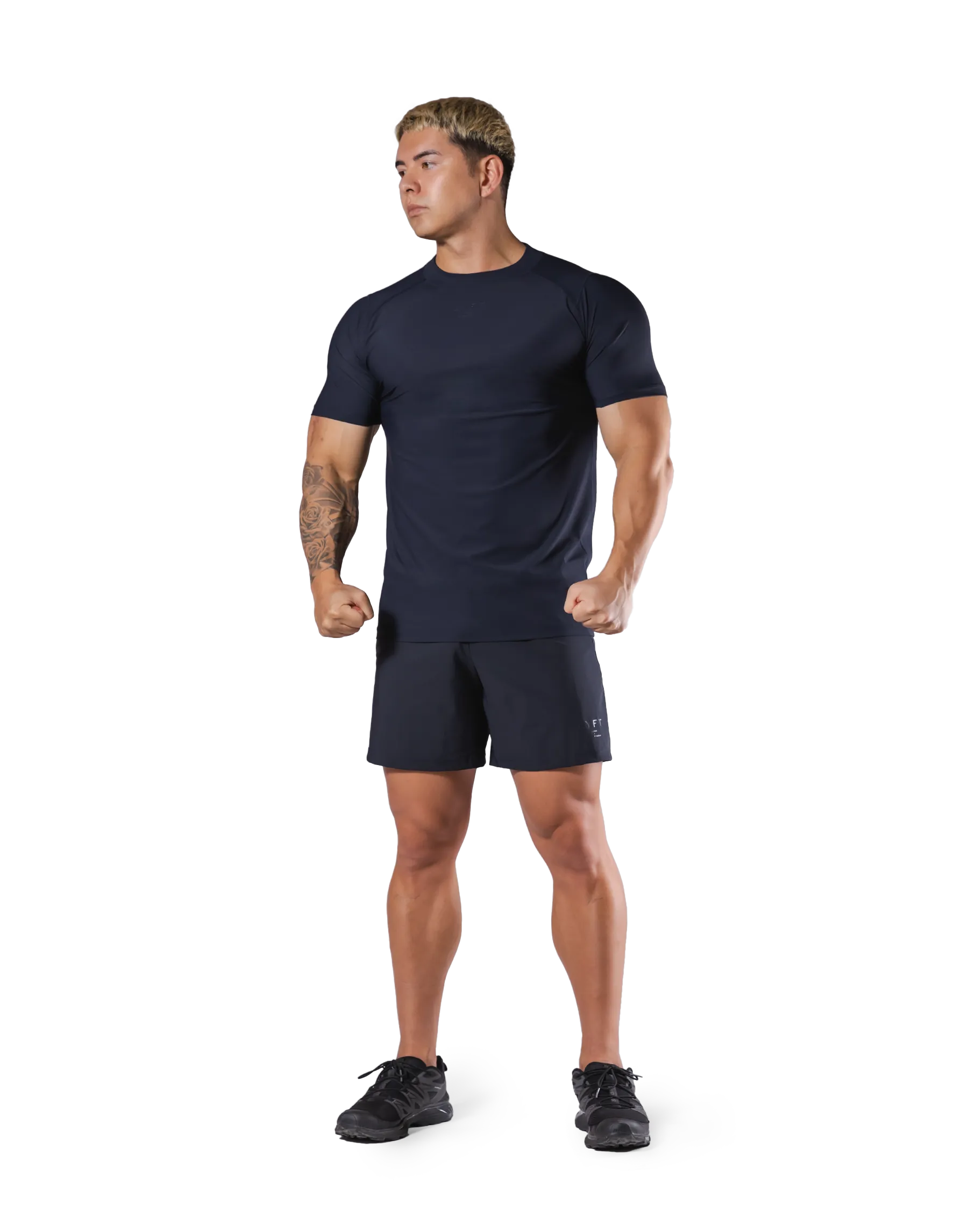 Back Mesh Stretch Slim T-Shirt - Navy