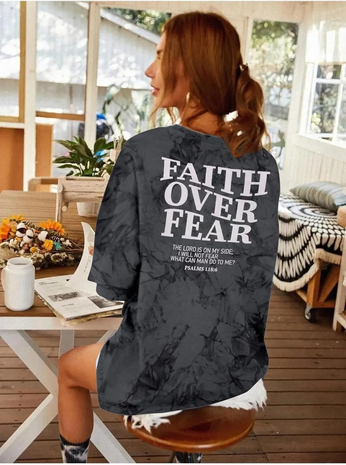 BANGELY Faith Over Fear Shirt Women Graphic Shirts Oversized Workout Gym Christian Religious Tees Drop Shoulder Tee Tops