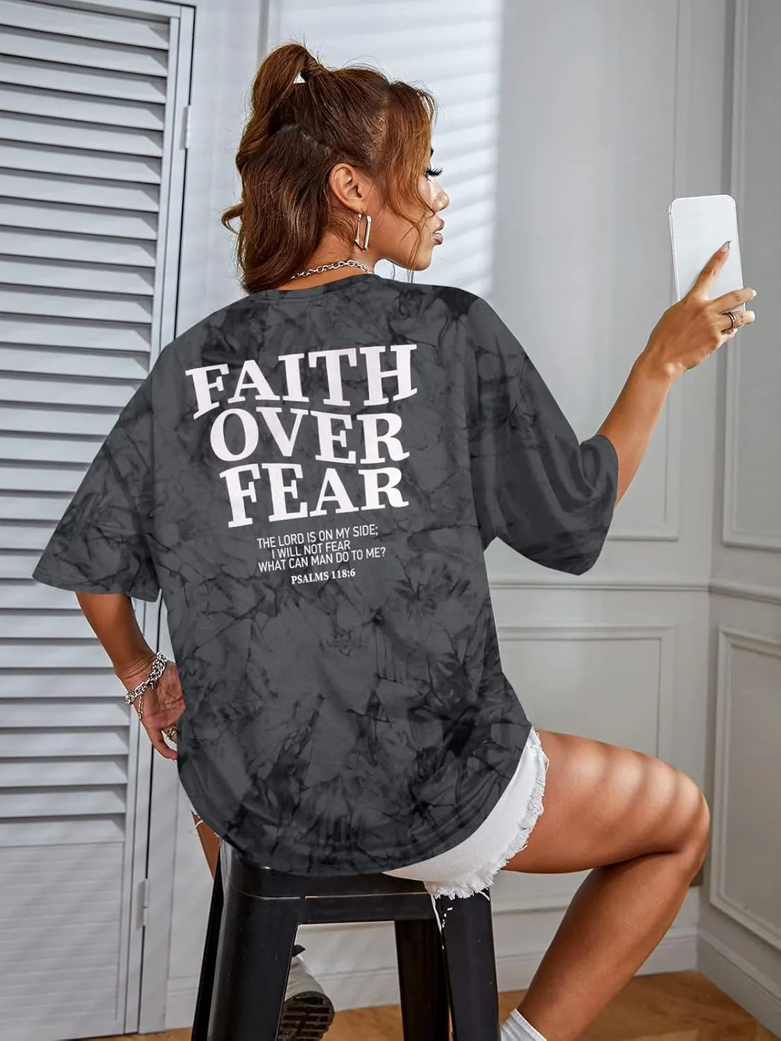 BANGELY Faith Over Fear Shirt Women Graphic Shirts Oversized Workout Gym Christian Religious Tees Drop Shoulder Tee Tops