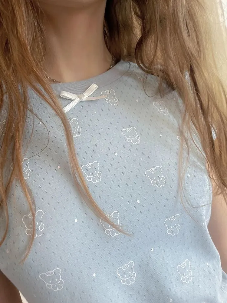 Bear print polka dot short sleeve T-shirt【s0000008732】