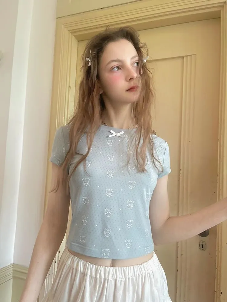 Bear print polka dot short sleeve T-shirt【s0000008732】
