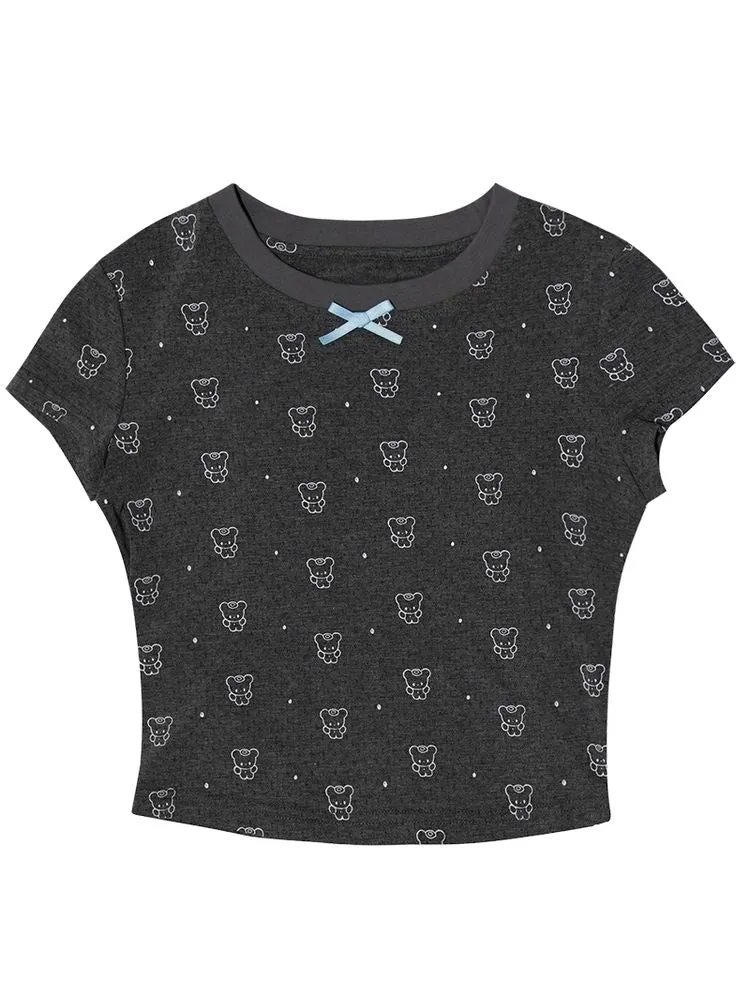 Bear print polka dot short sleeve T-shirt【s0000008732】
