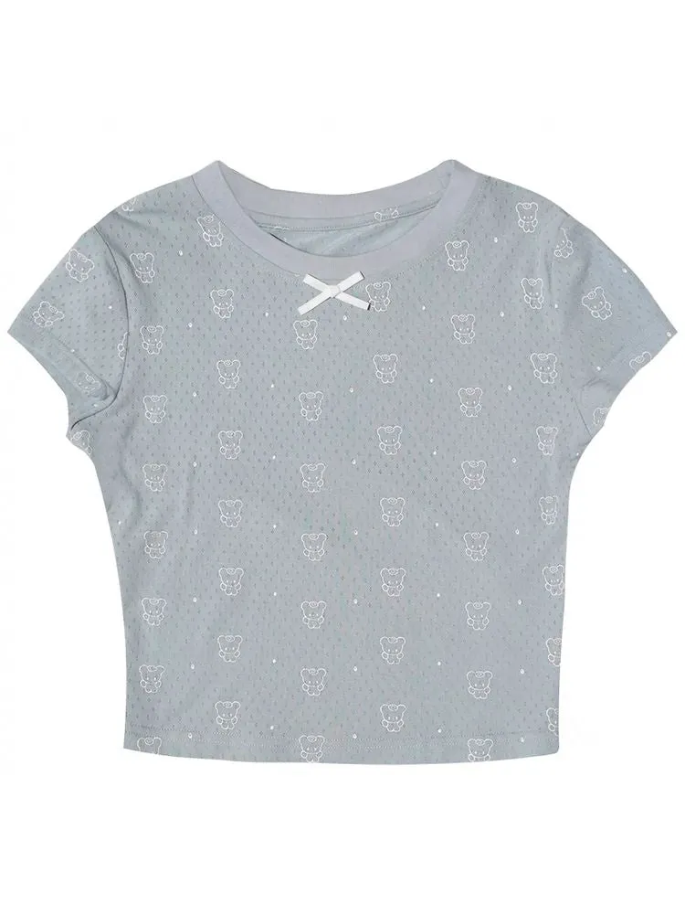 Bear print polka dot short sleeve T-shirt【s0000008732】