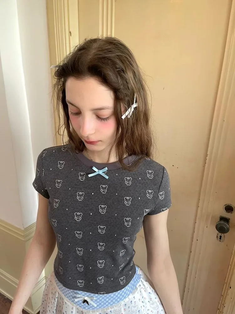 Bear print polka dot short sleeve T-shirt【s0000008732】