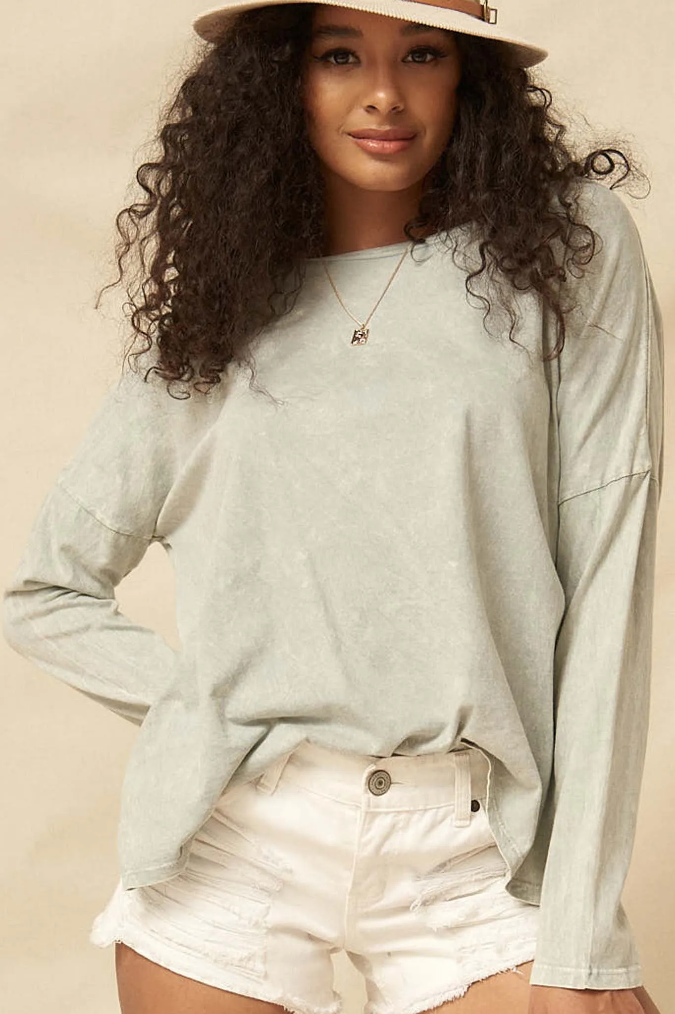 Big Happy Vintage-Washed Oversize Long-Sleeve Tee