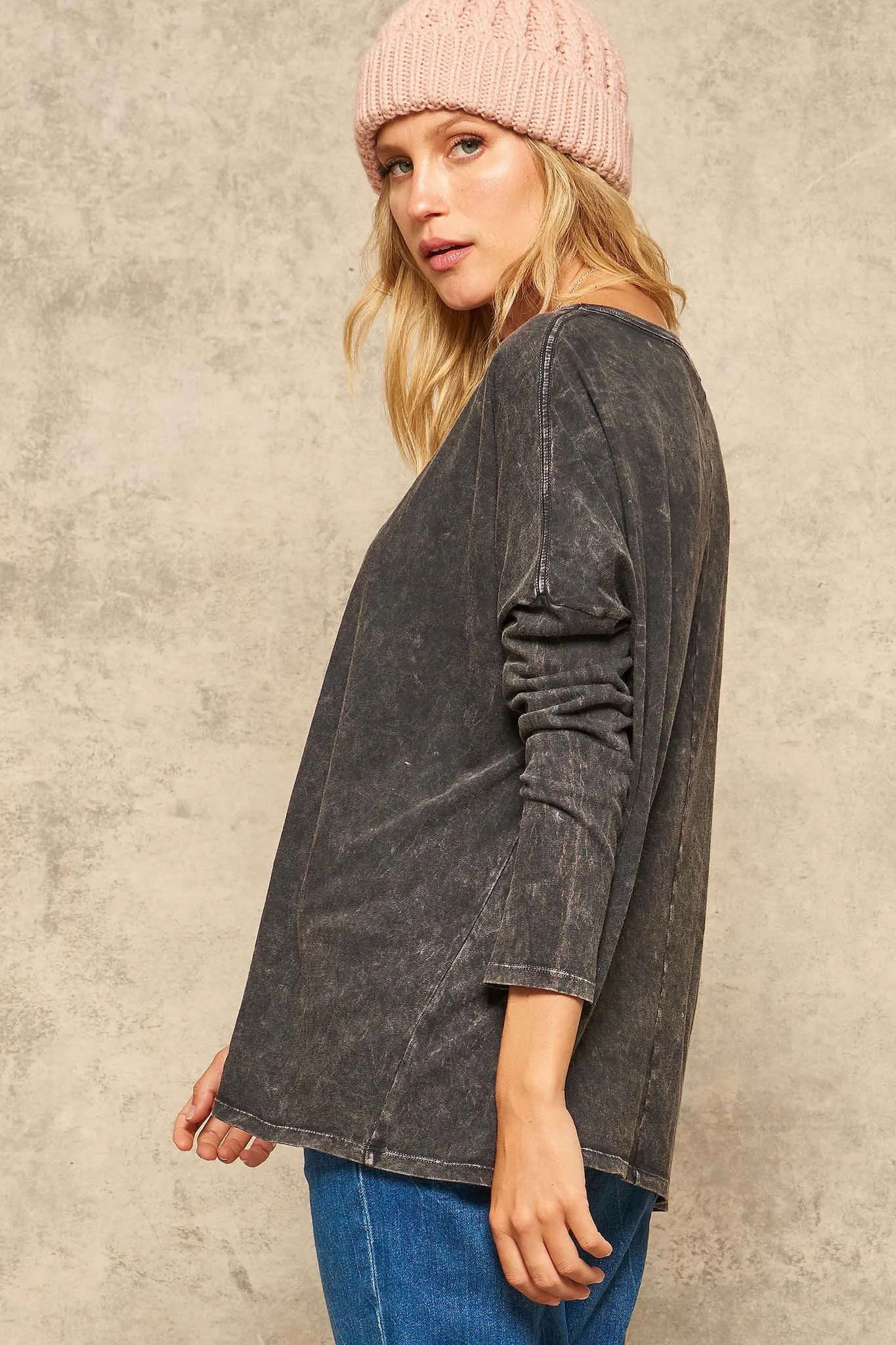 Big Happy Vintage-Washed Oversize Long-Sleeve Tee