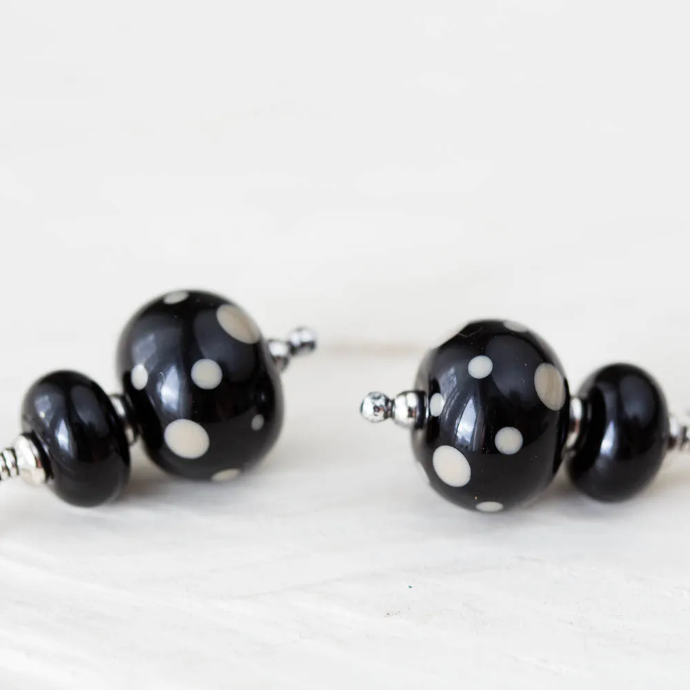 Black Stacked Bead Lampwork Earrings, Sterling silver