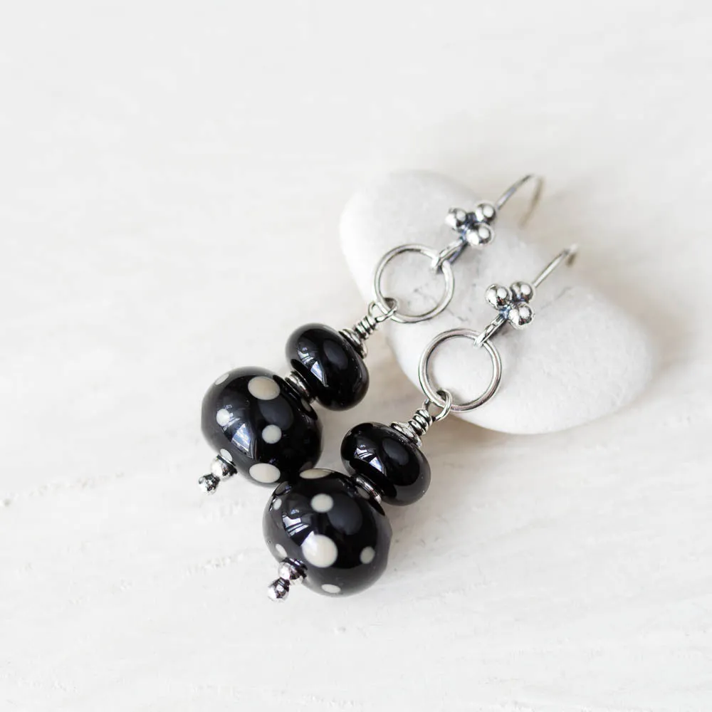 Black Stacked Bead Lampwork Earrings, Sterling silver