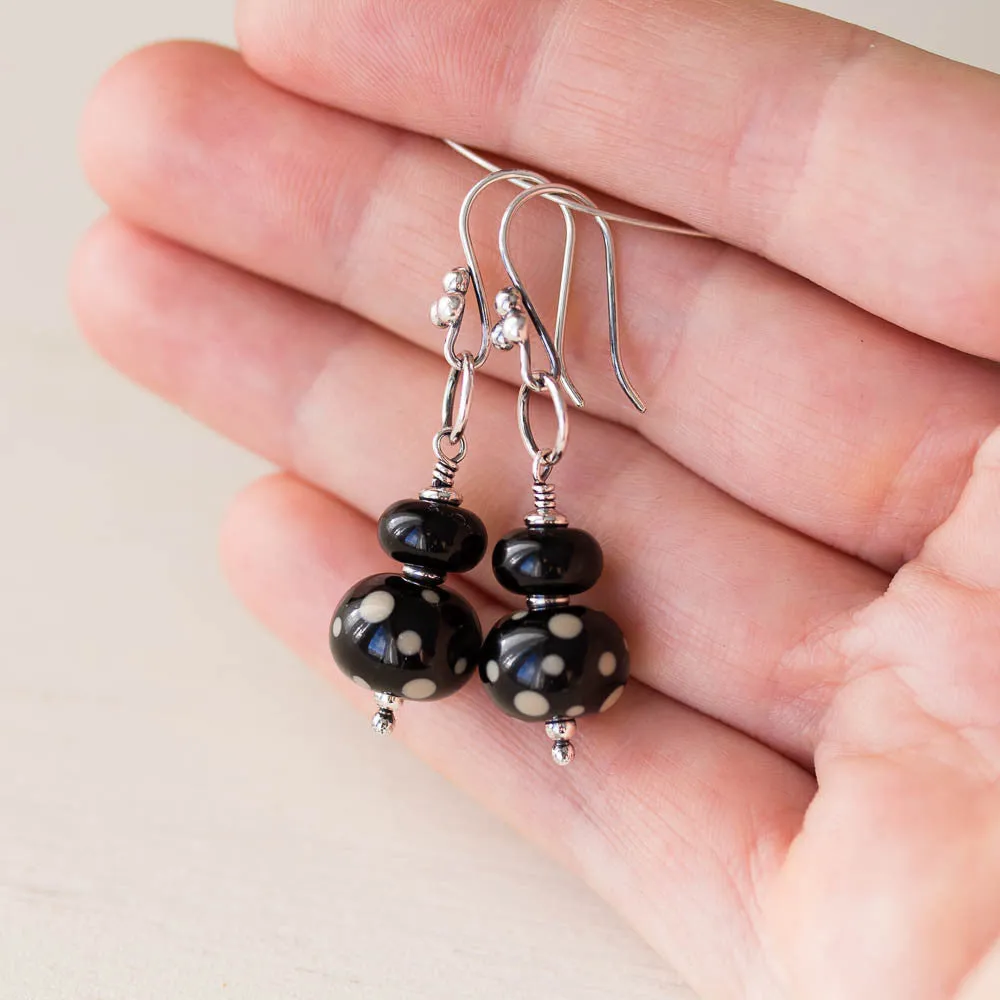 Black Stacked Bead Lampwork Earrings, Sterling silver