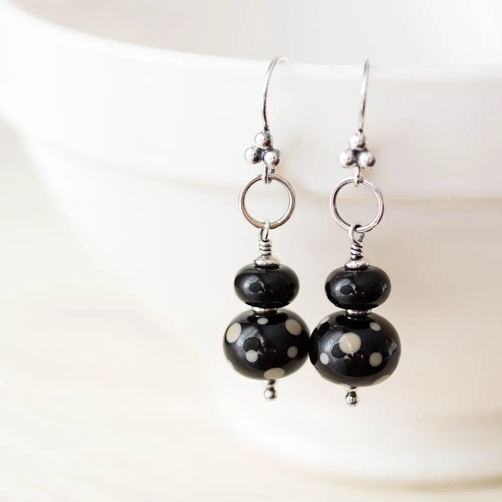 Black Stacked Bead Lampwork Earrings, Sterling silver