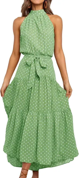 BOFETA Women's Halter Neck Boho Floral Sundress Sleeveless Back Zipper Beach Dress with Belt