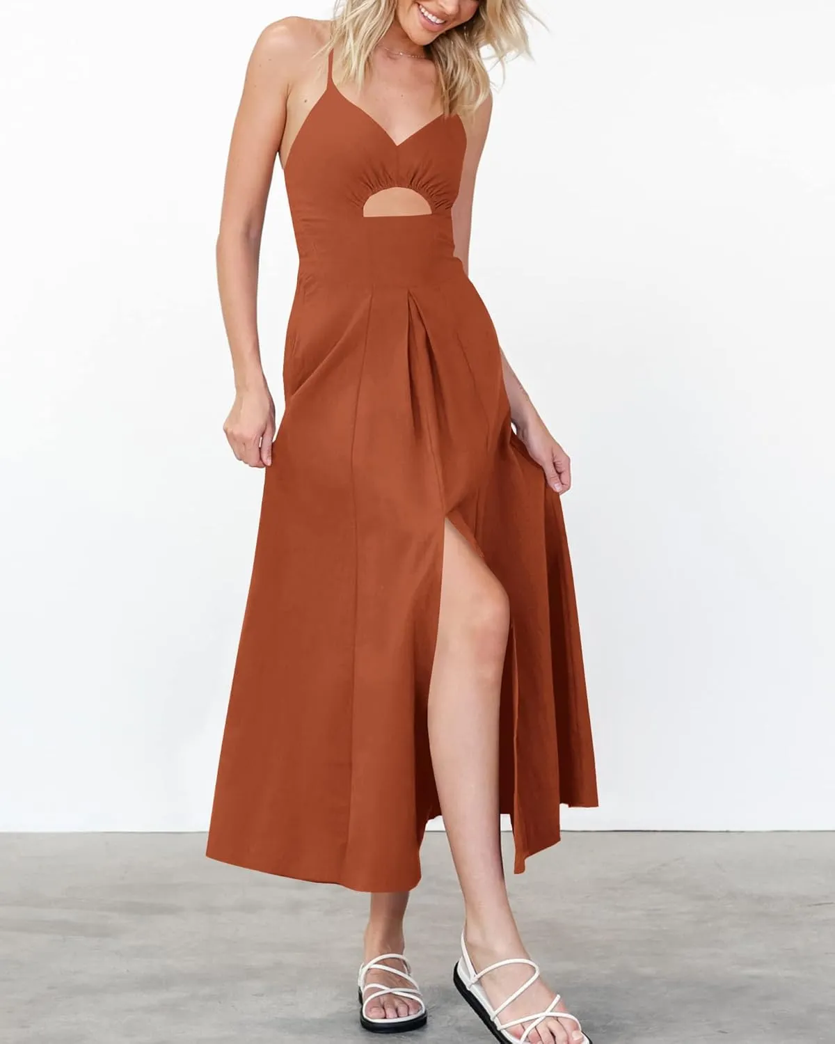 BTFBM Women 2025 Summer Spaghetti Strap Midi Dress Sleeveless V Neck Cutout Slit Casual Beach Party Maxi Dresses Pockets