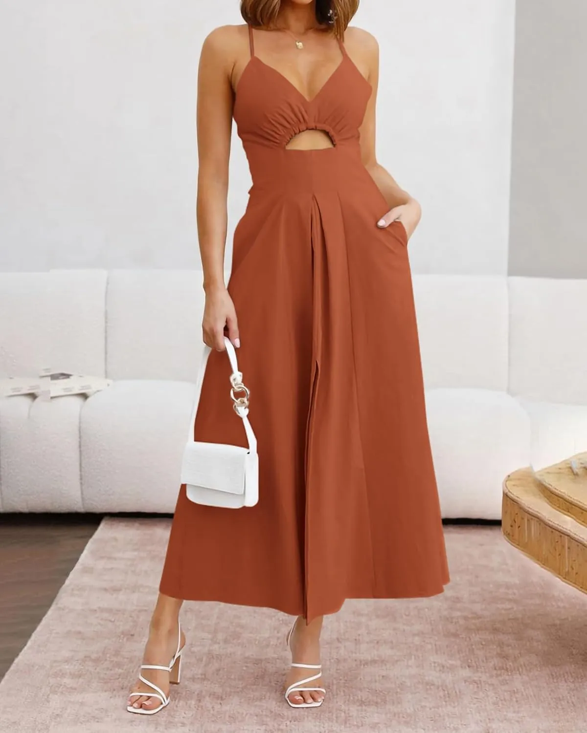 BTFBM Women 2025 Summer Spaghetti Strap Midi Dress Sleeveless V Neck Cutout Slit Casual Beach Party Maxi Dresses Pockets