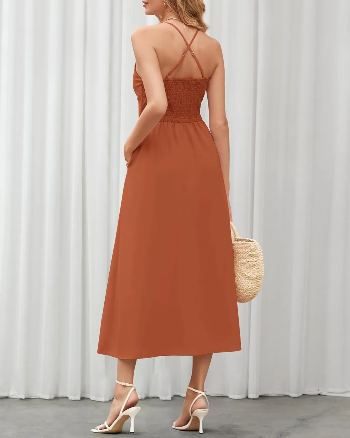 BTFBM Women 2025 Summer Spaghetti Strap Midi Dress Sleeveless V Neck Cutout Slit Casual Beach Party Maxi Dresses Pockets
