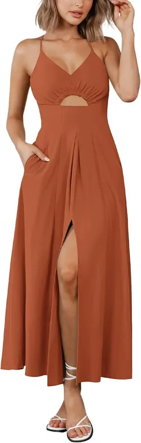 BTFBM Women 2025 Summer Spaghetti Strap Midi Dress Sleeveless V Neck Cutout Slit Casual Beach Party Maxi Dresses Pockets