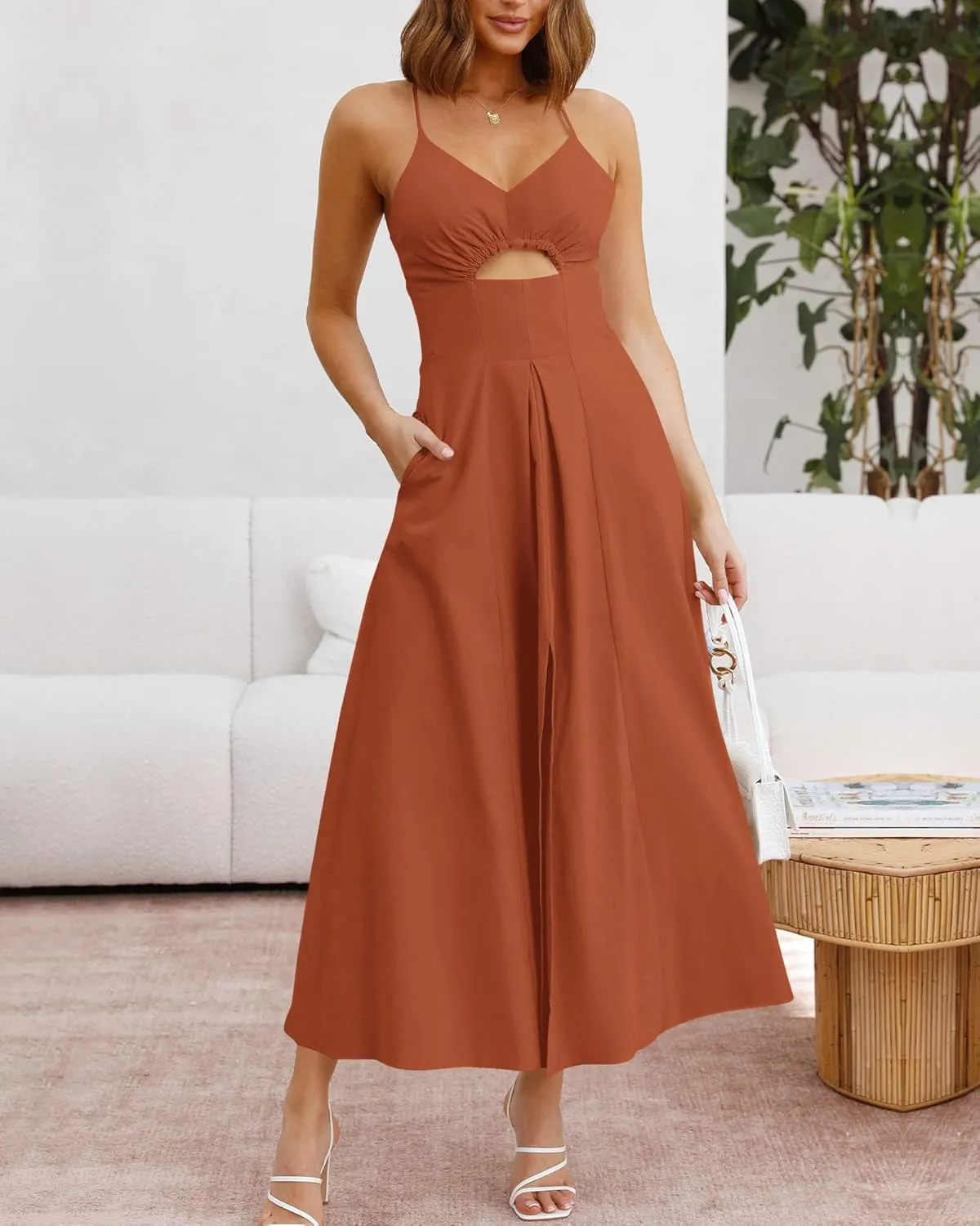 BTFBM Women 2025 Summer Spaghetti Strap Midi Dress Sleeveless V Neck Cutout Slit Casual Beach Party Maxi Dresses Pockets