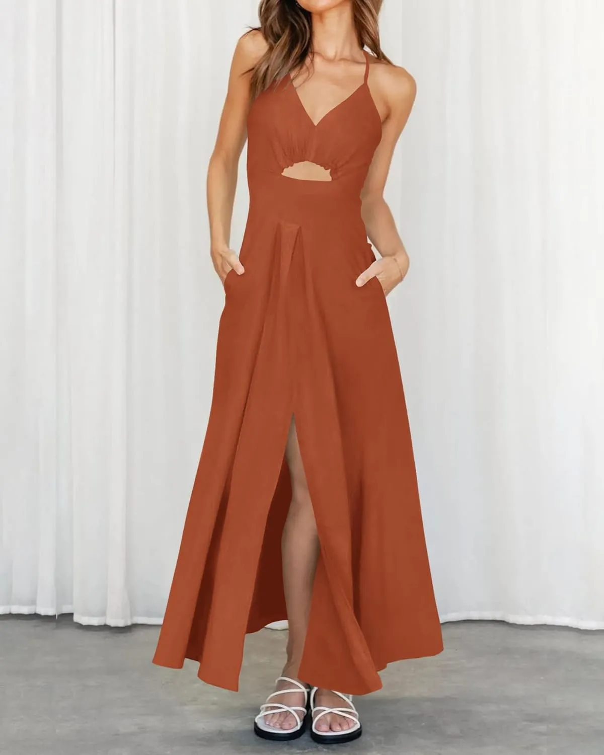 BTFBM Women 2025 Summer Spaghetti Strap Midi Dress Sleeveless V Neck Cutout Slit Casual Beach Party Maxi Dresses Pockets