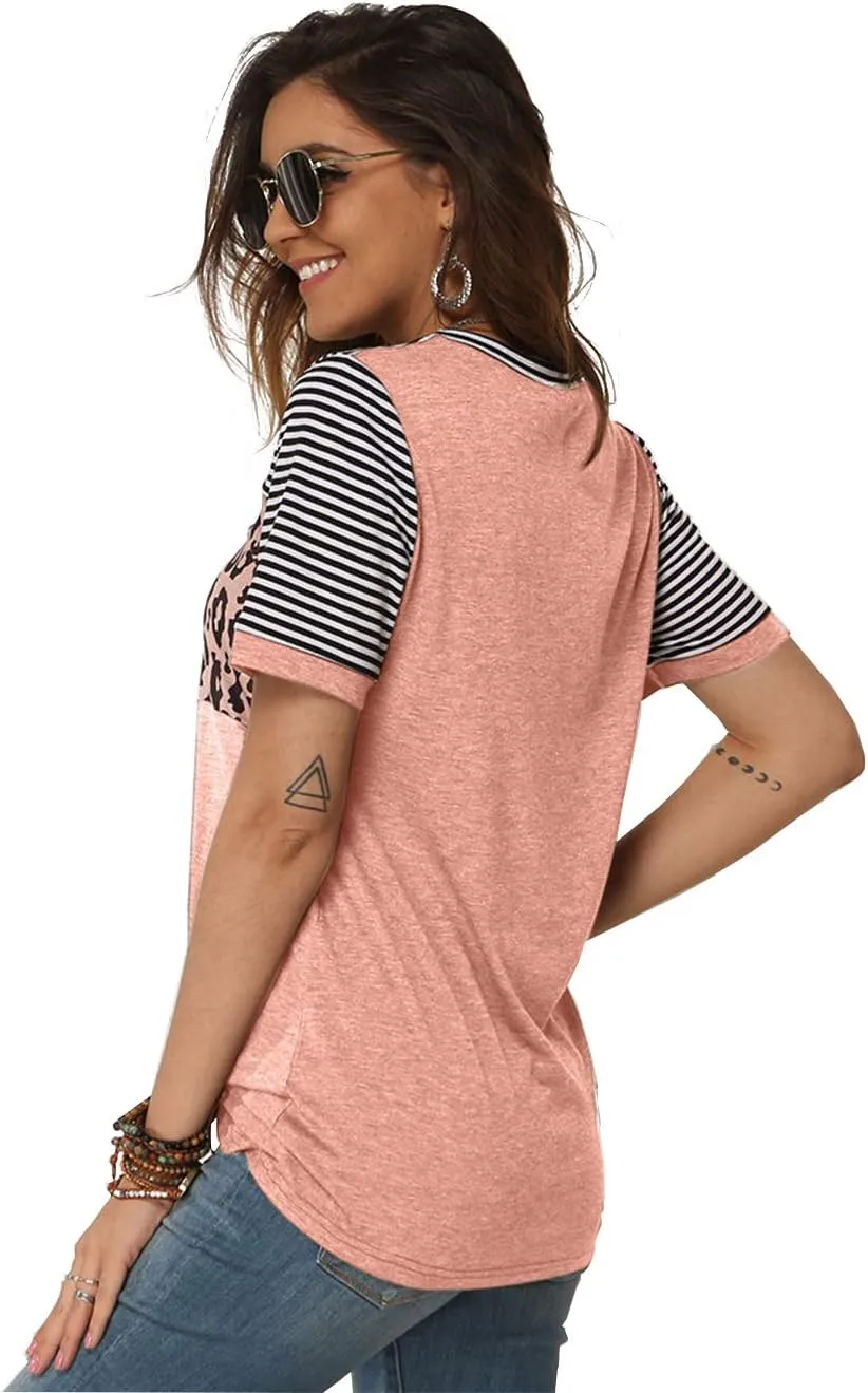 Bunanphy Womens Short/Long Sleeve Round Neck Leopard Color Block Side Twist Cute Blouse Tunic Top T Shirt