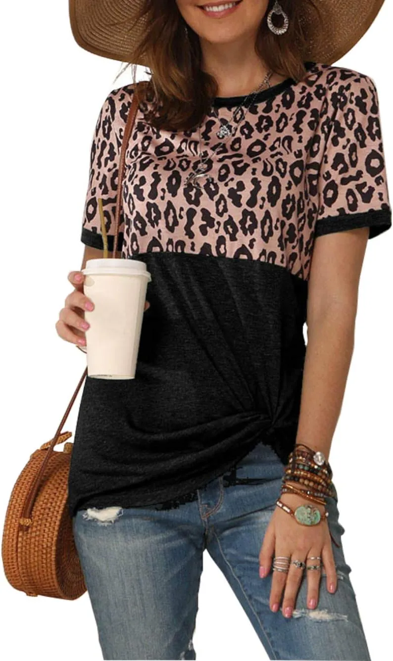Bunanphy Womens Short/Long Sleeve Round Neck Leopard Color Block Side Twist Cute Blouse Tunic Top T Shirt