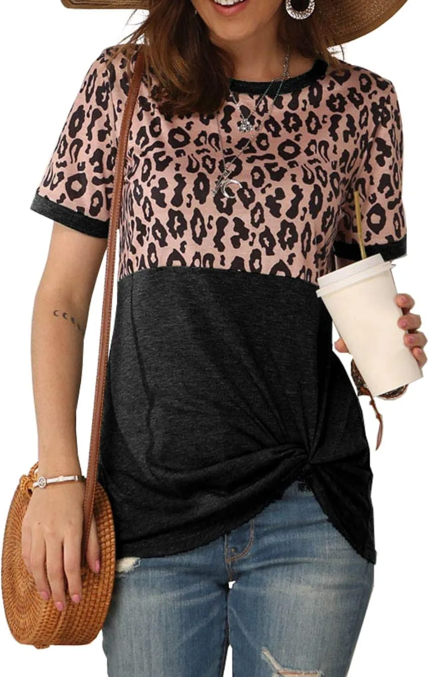 Bunanphy Womens Short/Long Sleeve Round Neck Leopard Color Block Side Twist Cute Blouse Tunic Top T Shirt