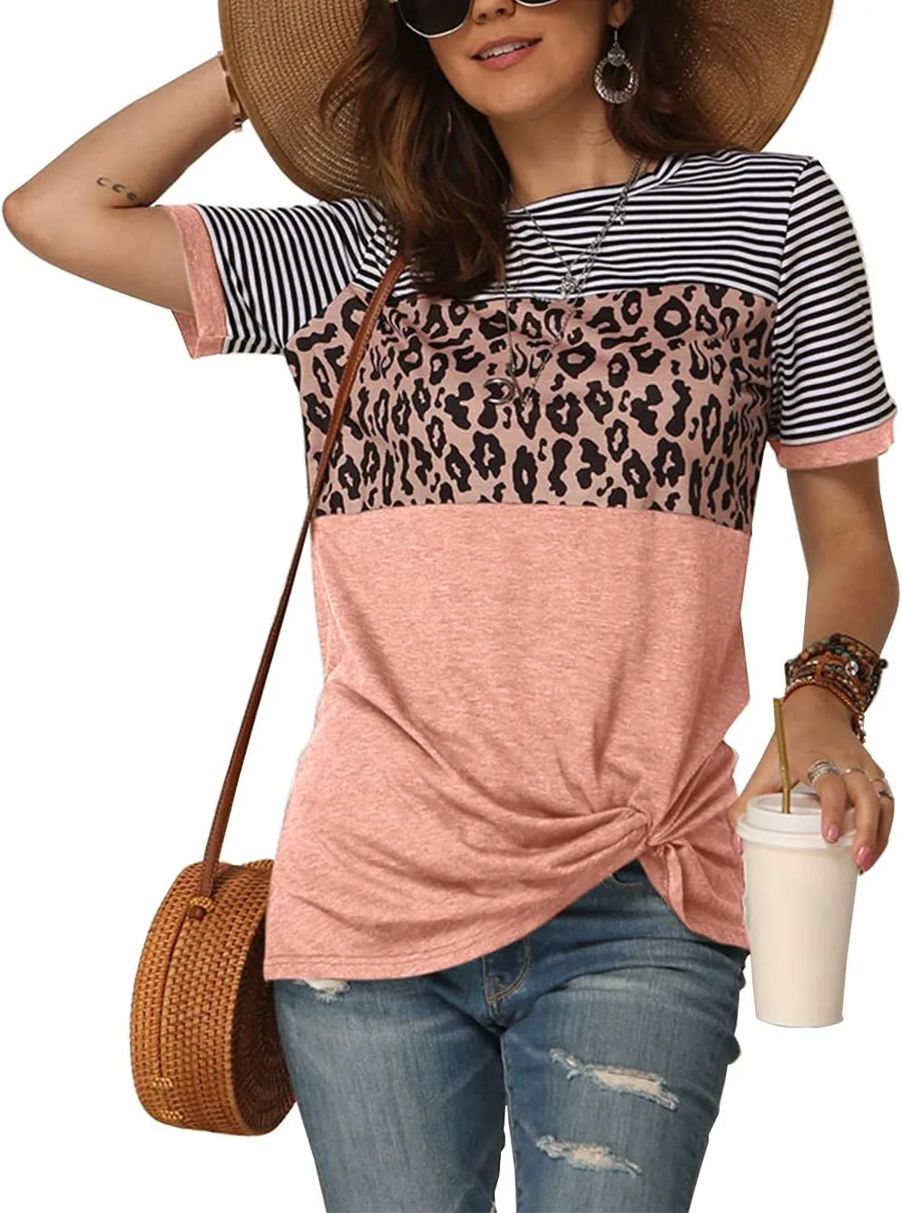 Bunanphy Womens Short/Long Sleeve Round Neck Leopard Color Block Side Twist Cute Blouse Tunic Top T Shirt