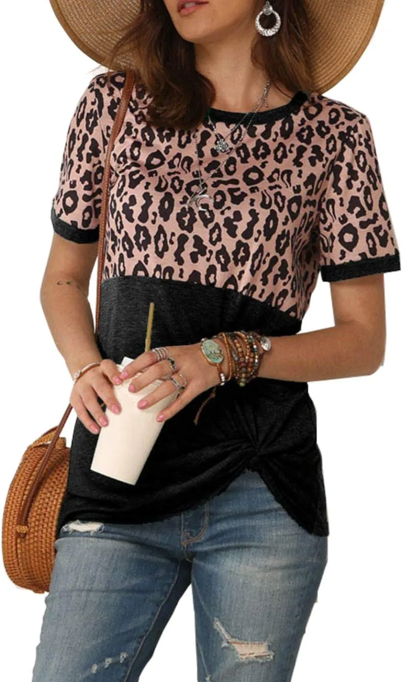 Bunanphy Womens Short/Long Sleeve Round Neck Leopard Color Block Side Twist Cute Blouse Tunic Top T Shirt