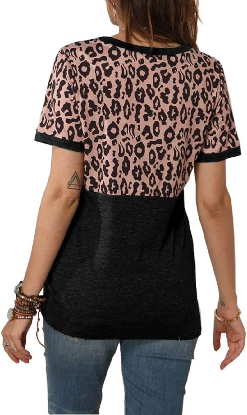 Bunanphy Womens Short/Long Sleeve Round Neck Leopard Color Block Side Twist Cute Blouse Tunic Top T Shirt