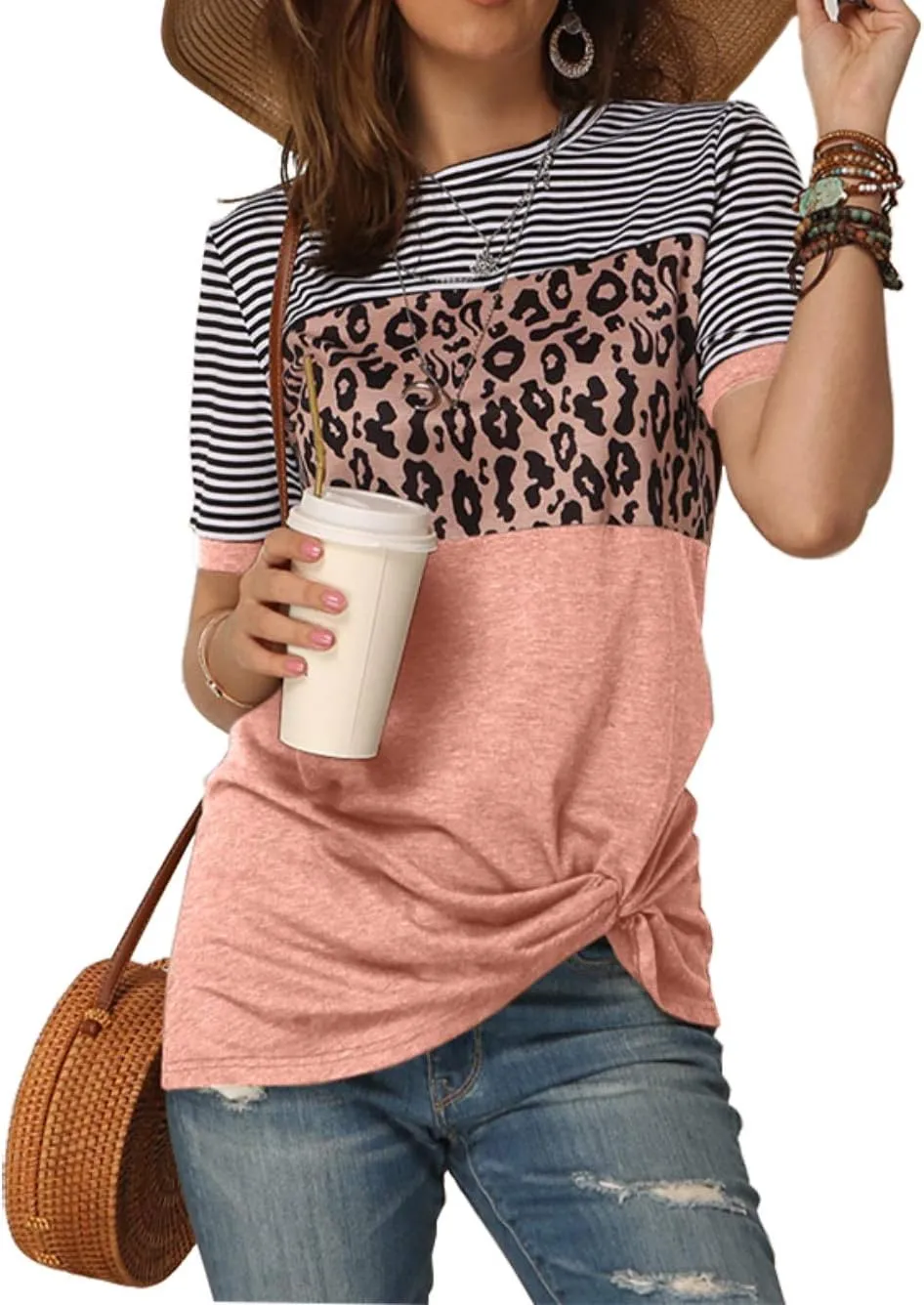Bunanphy Womens Short/Long Sleeve Round Neck Leopard Color Block Side Twist Cute Blouse Tunic Top T Shirt