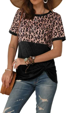 Bunanphy Womens Short/Long Sleeve Round Neck Leopard Color Block Side Twist Cute Blouse Tunic Top T Shirt