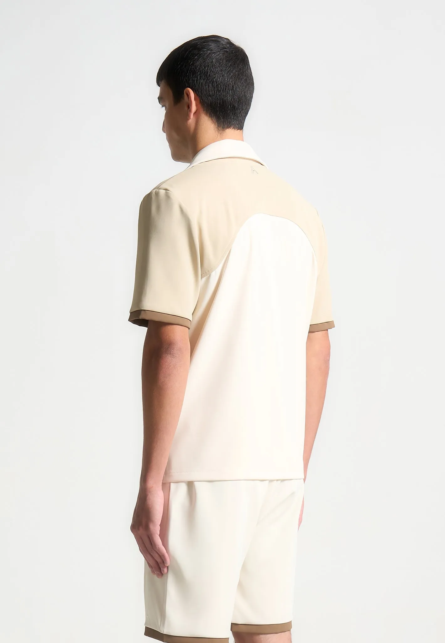 Colour Block Raglan Revere Shirt - Cream/Brown