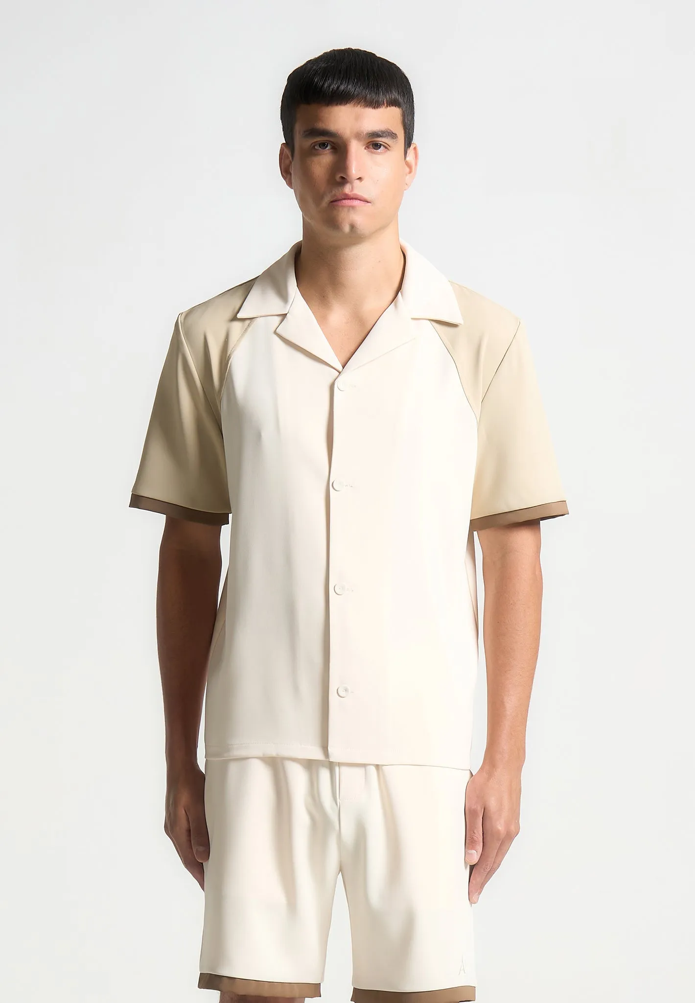 Colour Block Raglan Revere Shirt - Cream/Brown