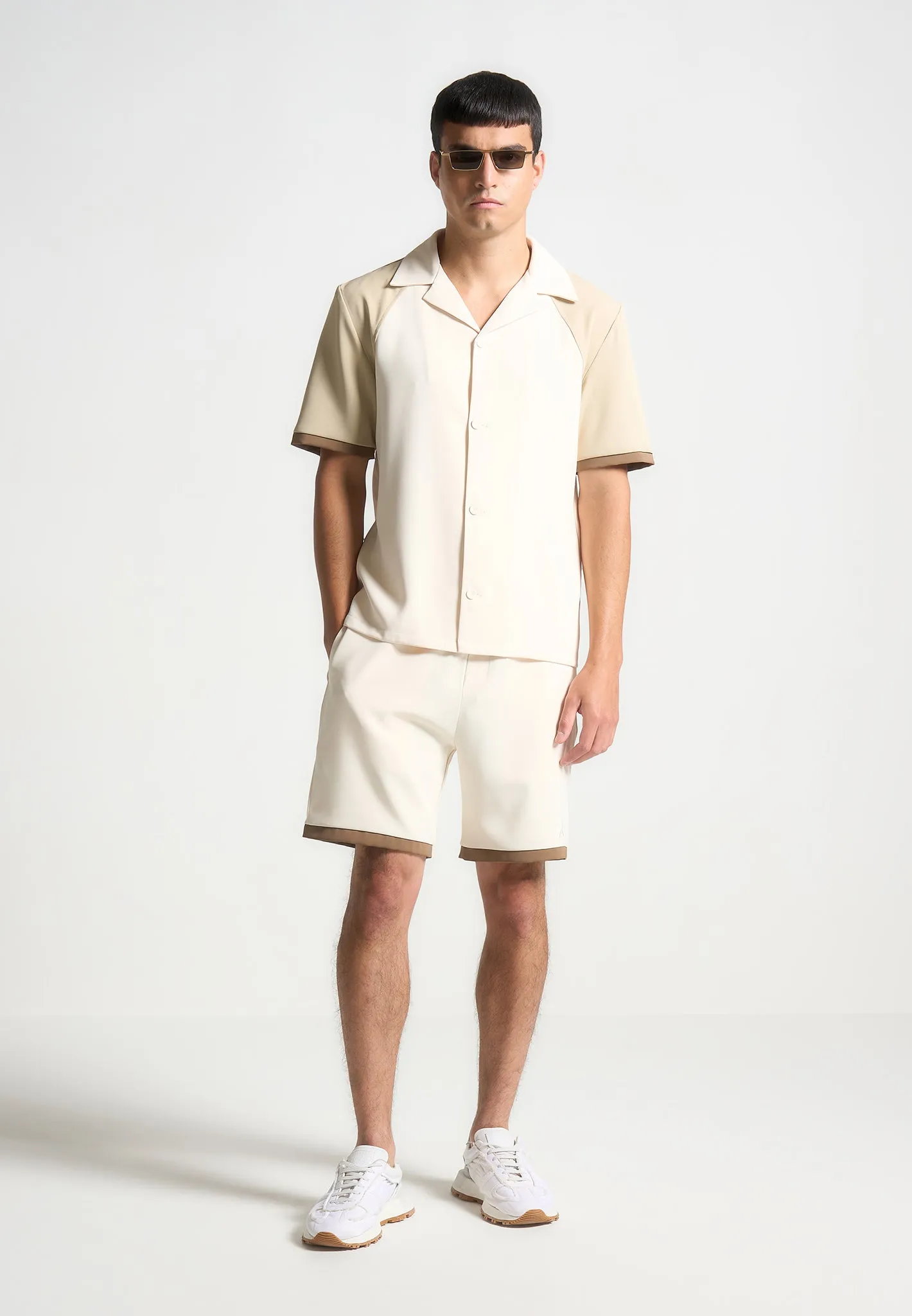 Colour Block Raglan Revere Shirt - Cream/Brown