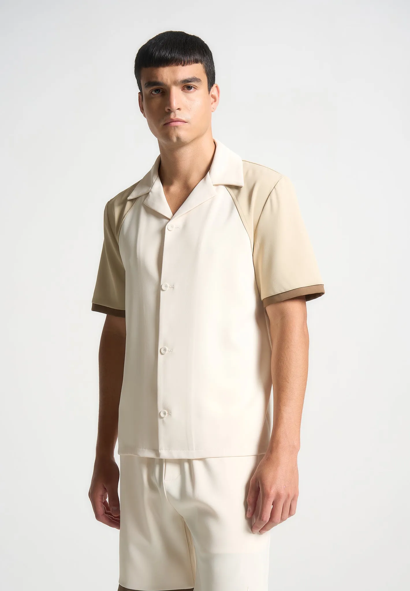 Colour Block Raglan Revere Shirt - Cream/Brown
