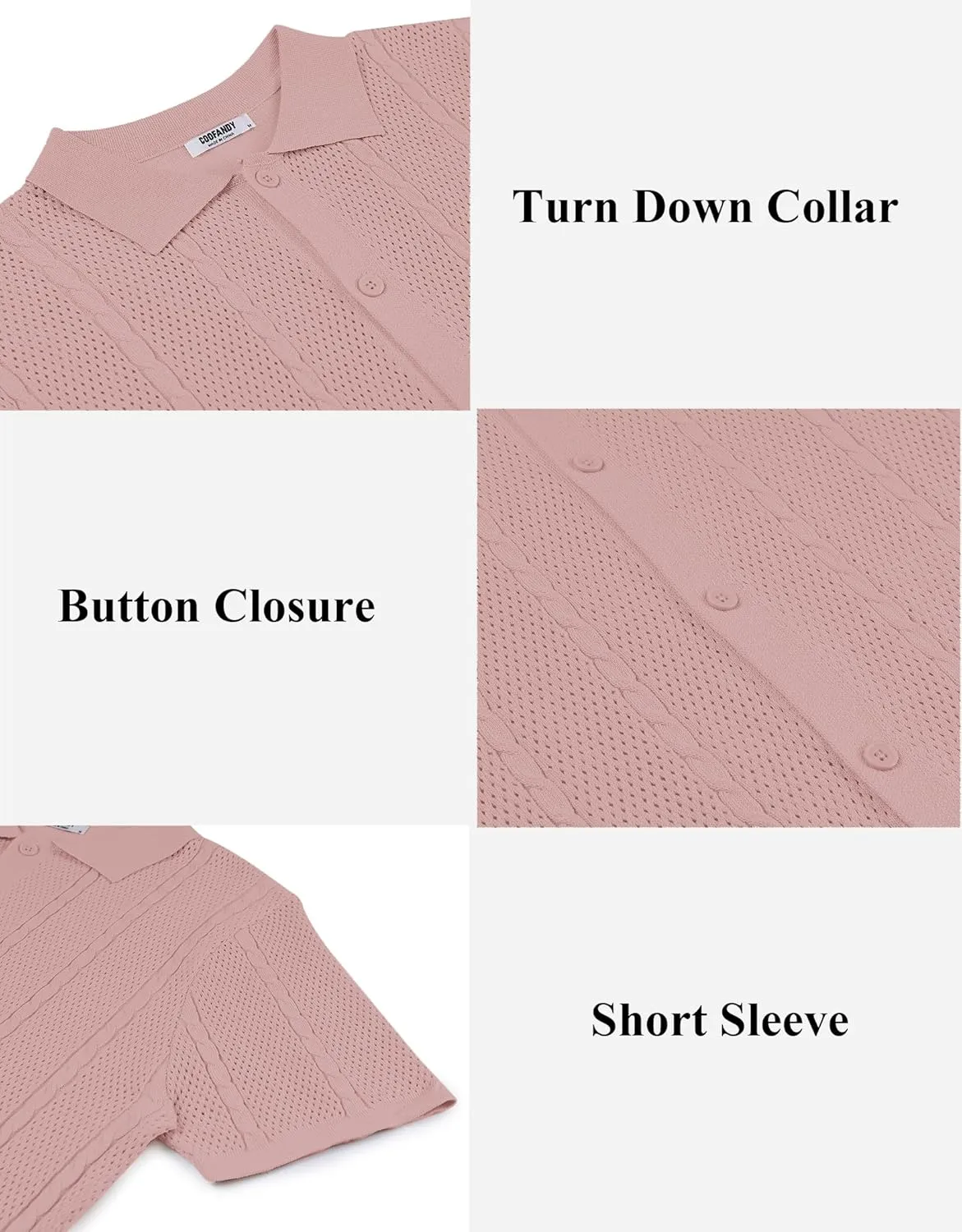 COOFANDY Mens Knit Button Down Shirts Casual Textured Polo Shirt Short Sleeve Vintage Summer Beach Tops