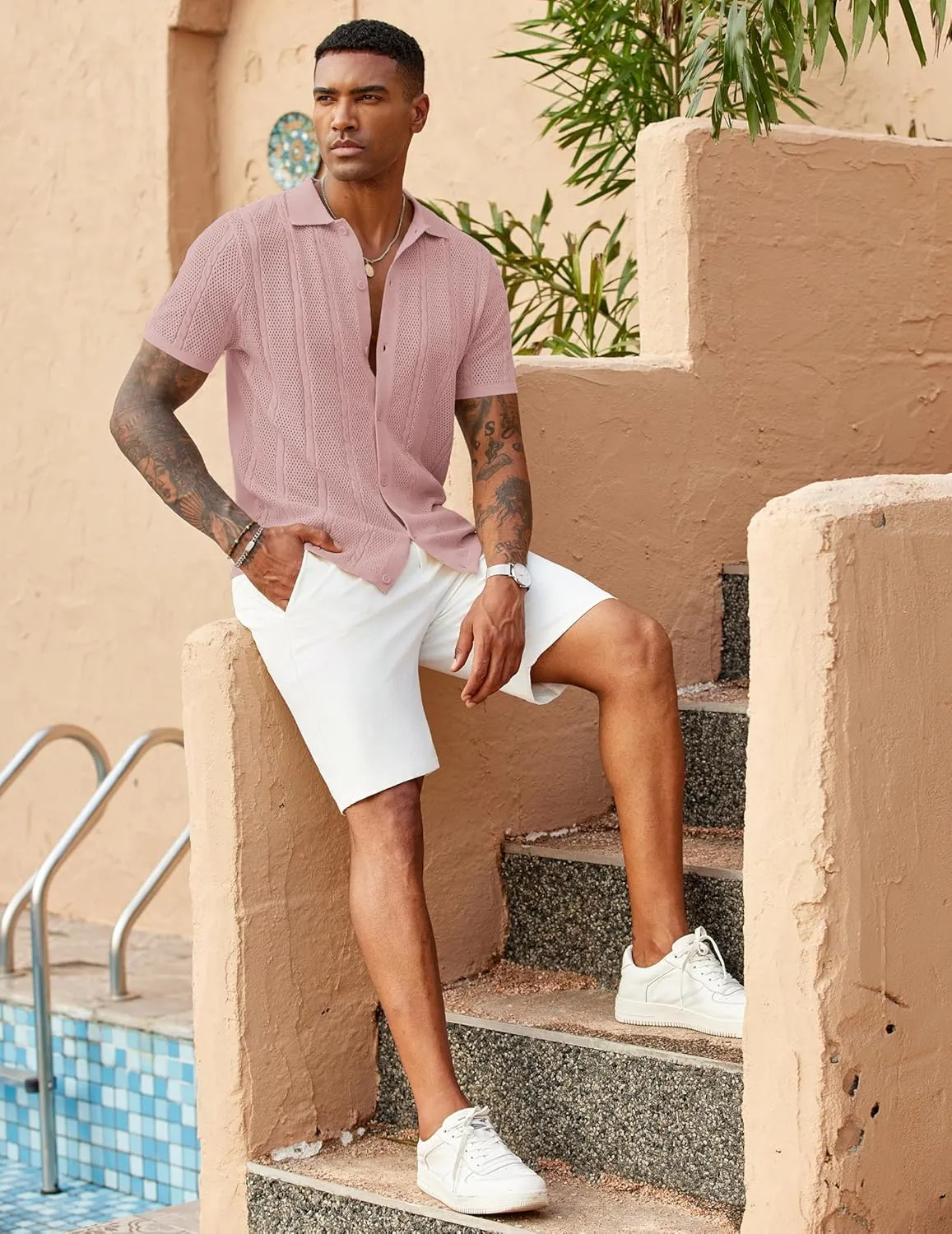 COOFANDY Mens Knit Button Down Shirts Casual Textured Polo Shirt Short Sleeve Vintage Summer Beach Tops