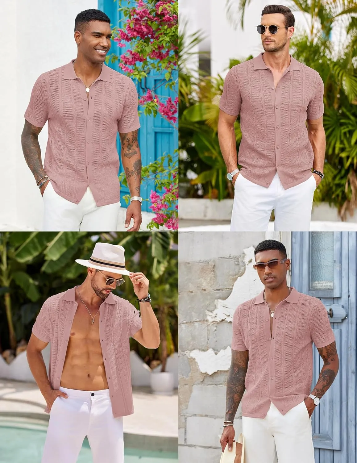 COOFANDY Mens Knit Button Down Shirts Casual Textured Polo Shirt Short Sleeve Vintage Summer Beach Tops