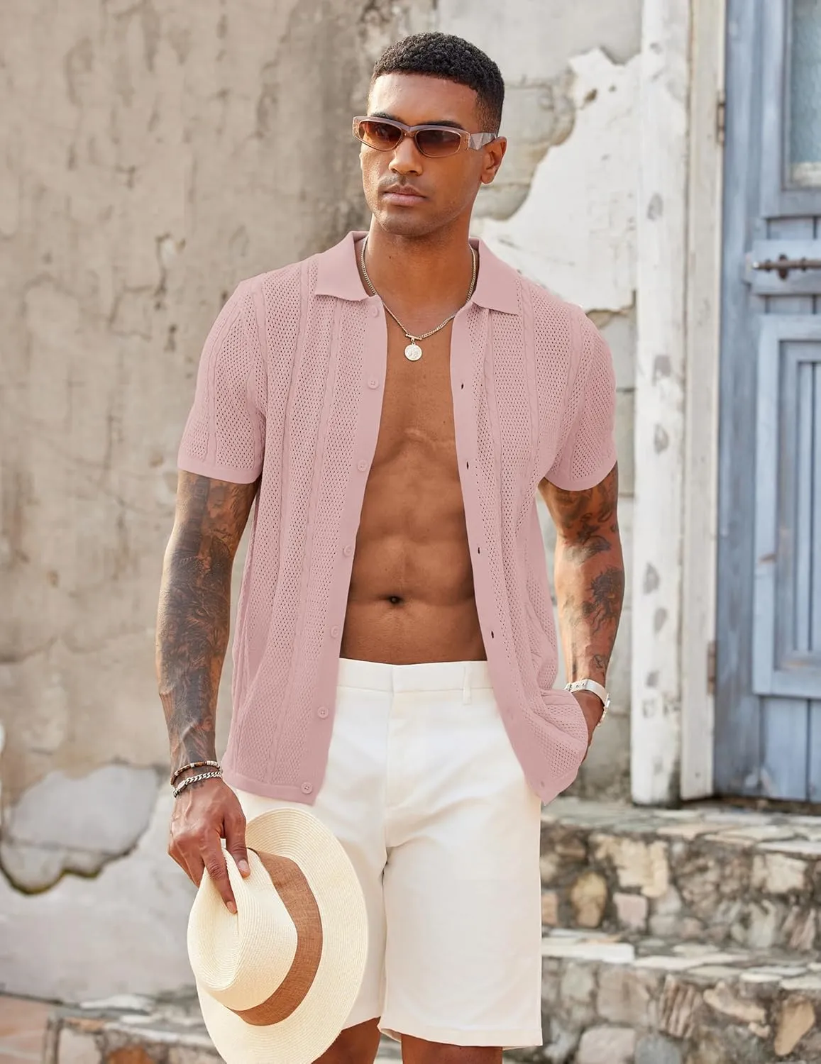 COOFANDY Mens Knit Button Down Shirts Casual Textured Polo Shirt Short Sleeve Vintage Summer Beach Tops