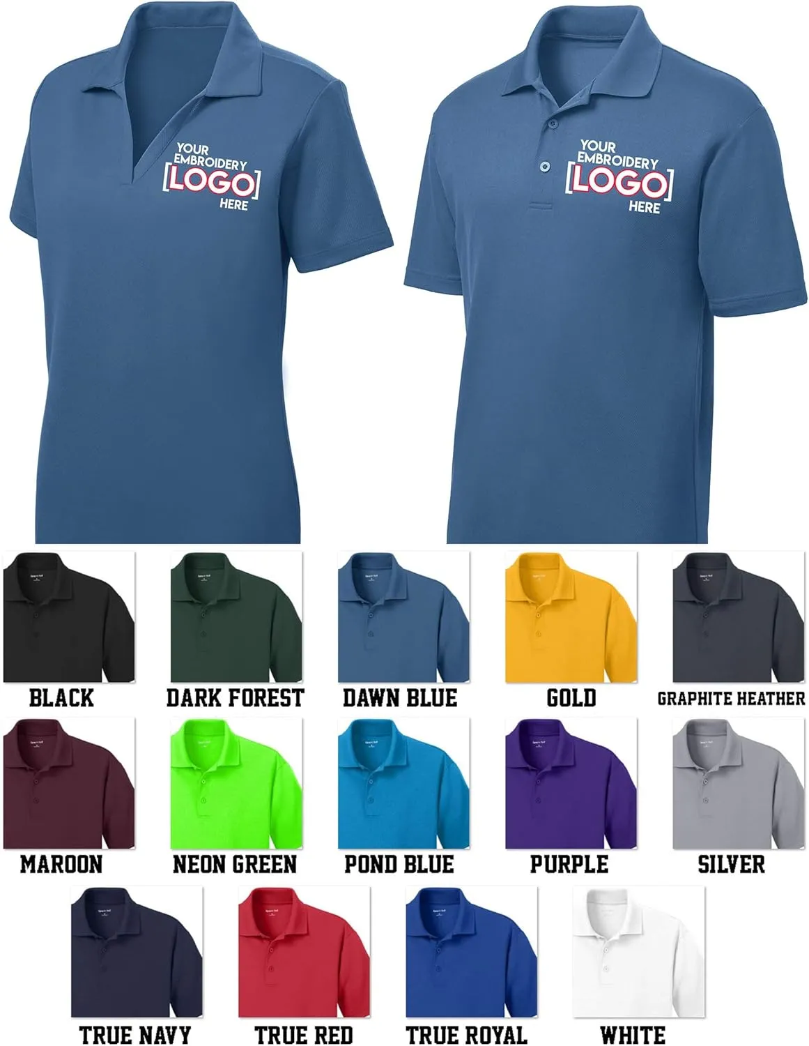 Custom Embroidered Polo Shirts for Women & Men, 5 or 10 Pack - Add Your Logo - Personalized Embroidery Polo Tees