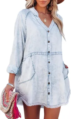 Denim Shirt Dress for Women Long Sleeve Button Down Shirts V Neck Mini Casual Jean Dresses 2025 Trendy Outfits