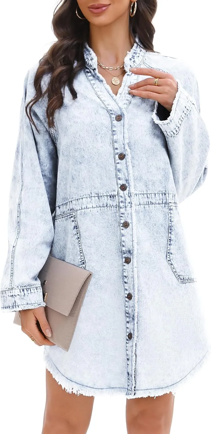 Denim Shirt Dress for Women Long Sleeve Button Down Shirts V Neck Mini Casual Jean Dresses 2025 Trendy Outfits