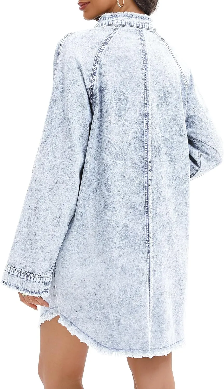 Denim Shirt Dress for Women Long Sleeve Button Down Shirts V Neck Mini Casual Jean Dresses 2025 Trendy Outfits