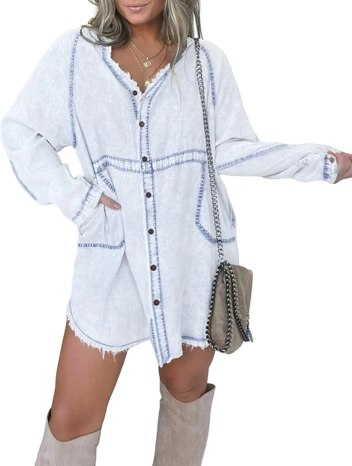 Denim Shirt Dress for Women Long Sleeve Button Down Shirts V Neck Mini Casual Jean Dresses 2025 Trendy Outfits