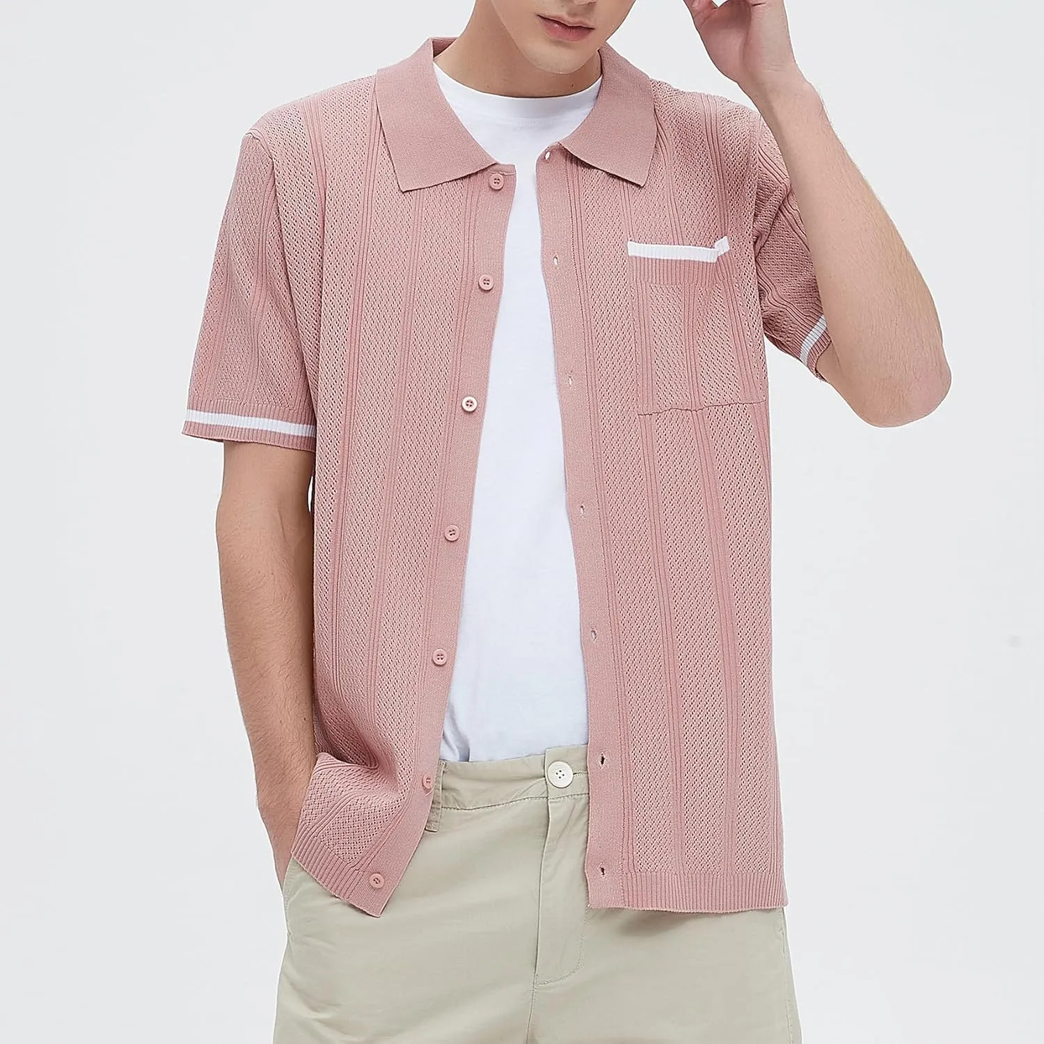 Durio Mens Shirts Short Sleeve Knit Polo Shirt Breathable Button Down Beach Shirts for Men Casual Shirt Summer Vacation