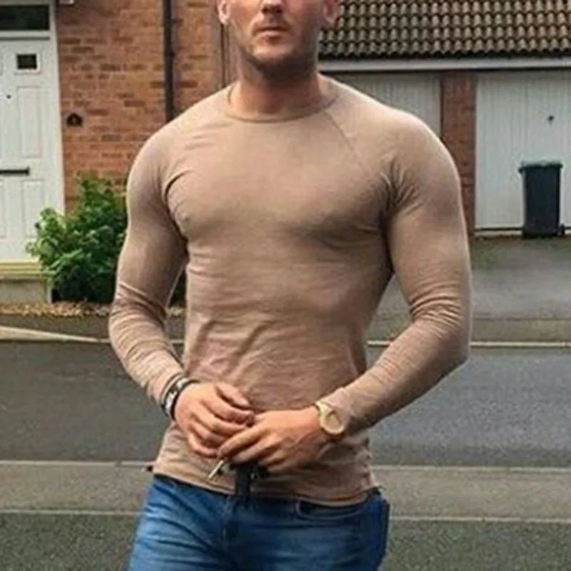Fashion Casual Men'S Solid Color Slim Long-Sleeved T-Shirt