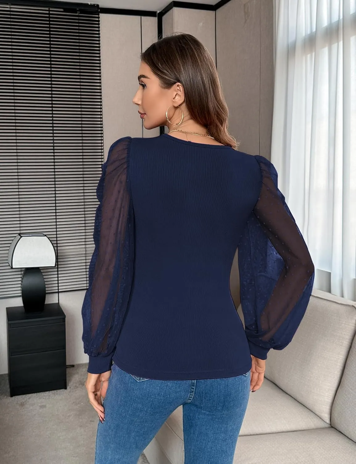 Fayenne Womens Tops Deep V Neck Cross Wrap Sexy Tops Polka Dot Mesh Long Sleeve T Shirt Casual Blouses