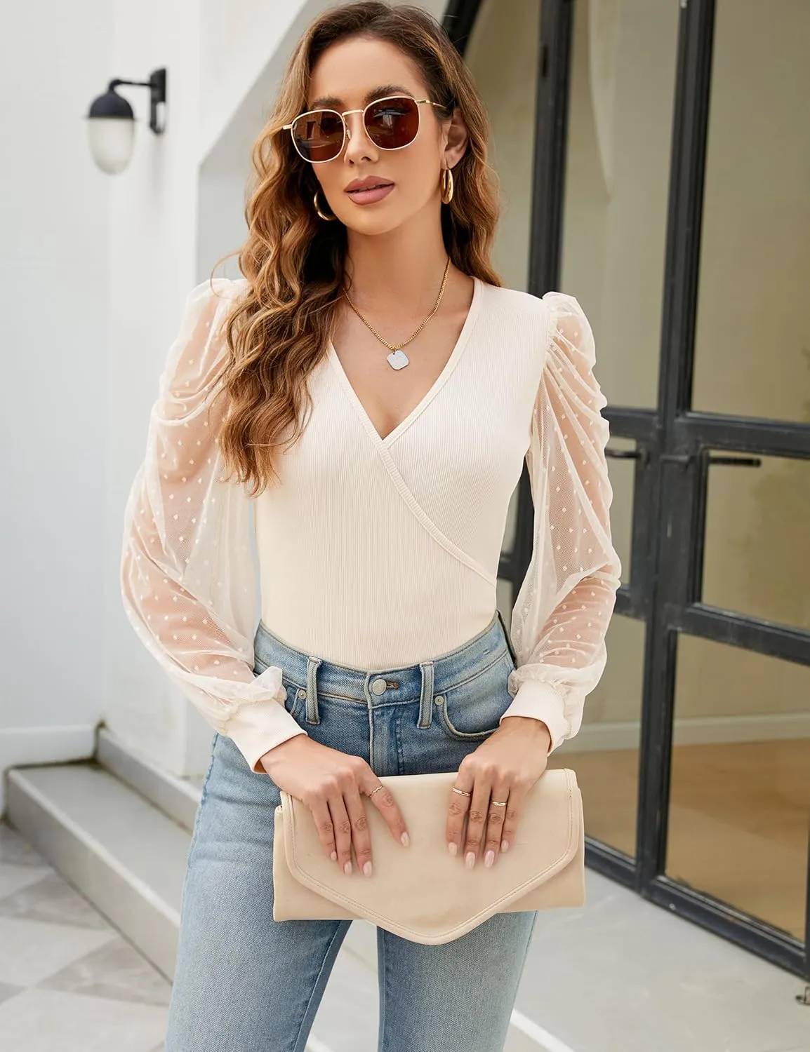 Fayenne Womens Tops Deep V Neck Cross Wrap Sexy Tops Polka Dot Mesh Long Sleeve T Shirt Casual Blouses