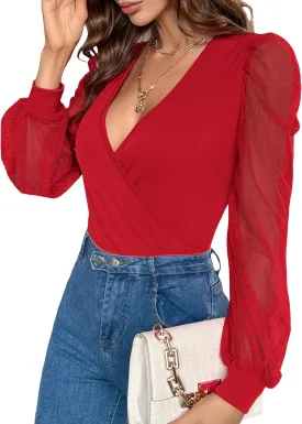 Fayenne Womens Tops Deep V Neck Cross Wrap Sexy Tops Polka Dot Mesh Long Sleeve T Shirt Casual Blouses