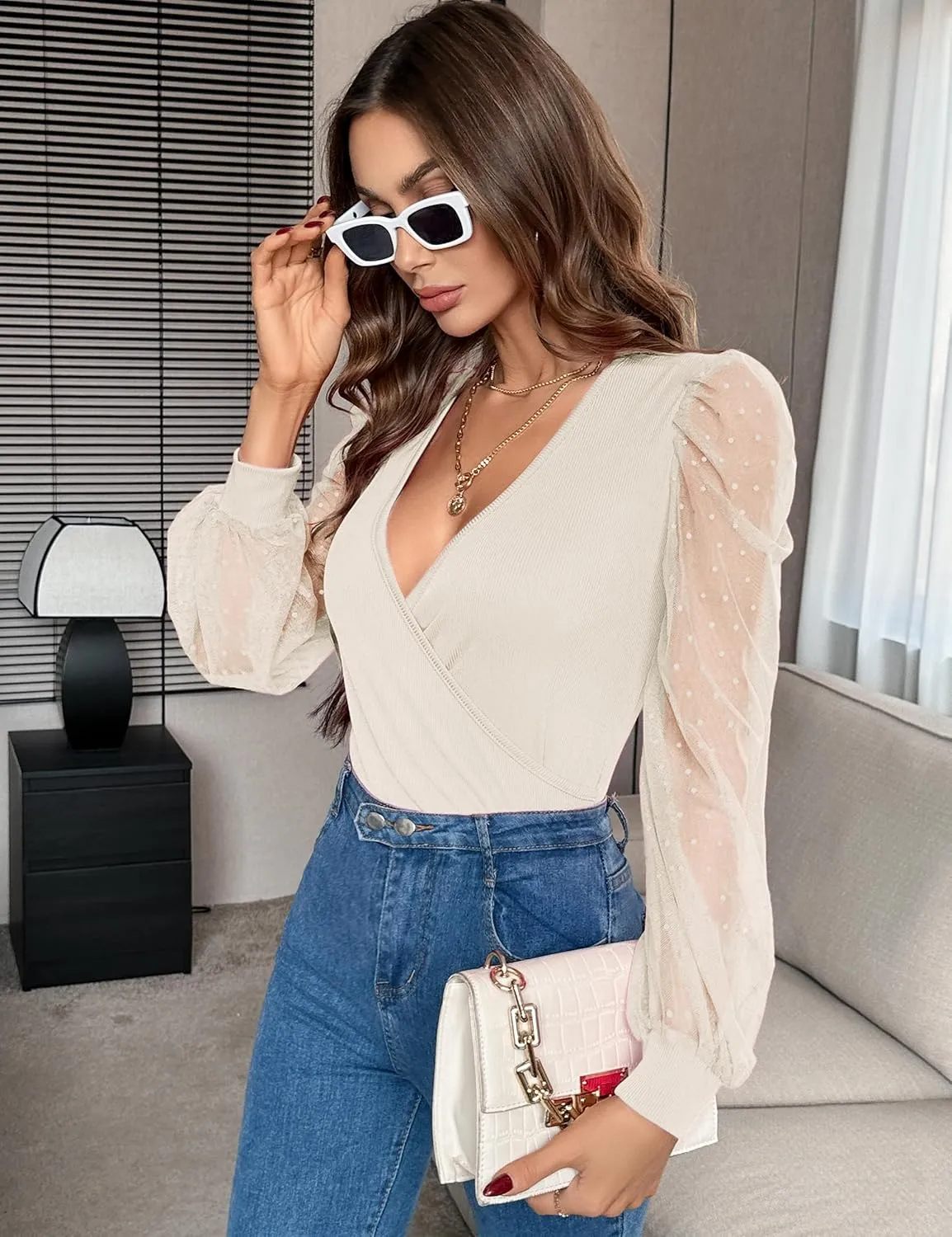 Fayenne Womens Tops Deep V Neck Cross Wrap Sexy Tops Polka Dot Mesh Long Sleeve T Shirt Casual Blouses