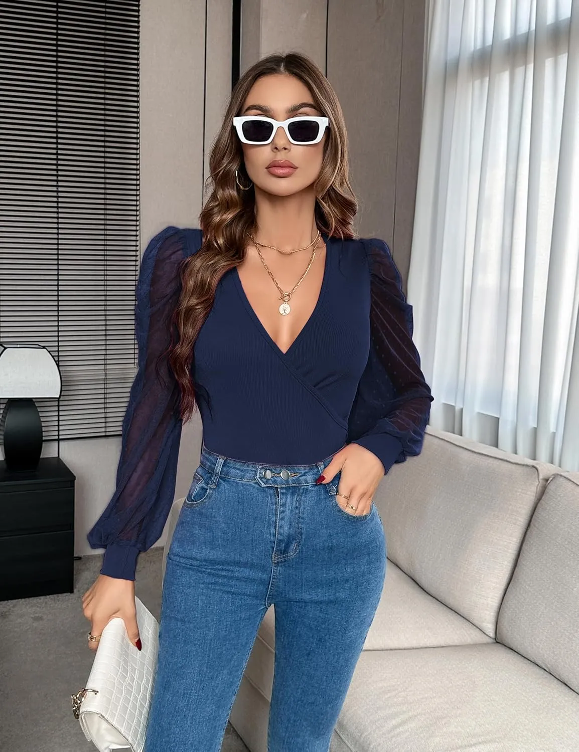 Fayenne Womens Tops Deep V Neck Cross Wrap Sexy Tops Polka Dot Mesh Long Sleeve T Shirt Casual Blouses